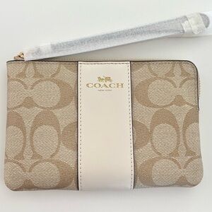 COACH Beige Signature Canvas Wristlet with Chalk Stripe